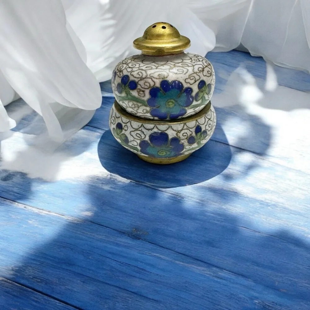 Blue Floral Cloisonné Salt and Pepper Shaker Cellar Vintage Stackable Brass